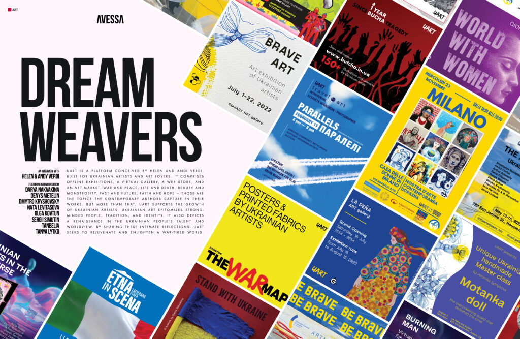 Opening spread of the interview with UART, an art platform showcasing Ukrainian artists. Spread from AVESSA Magazine Summer 2023 edition.
