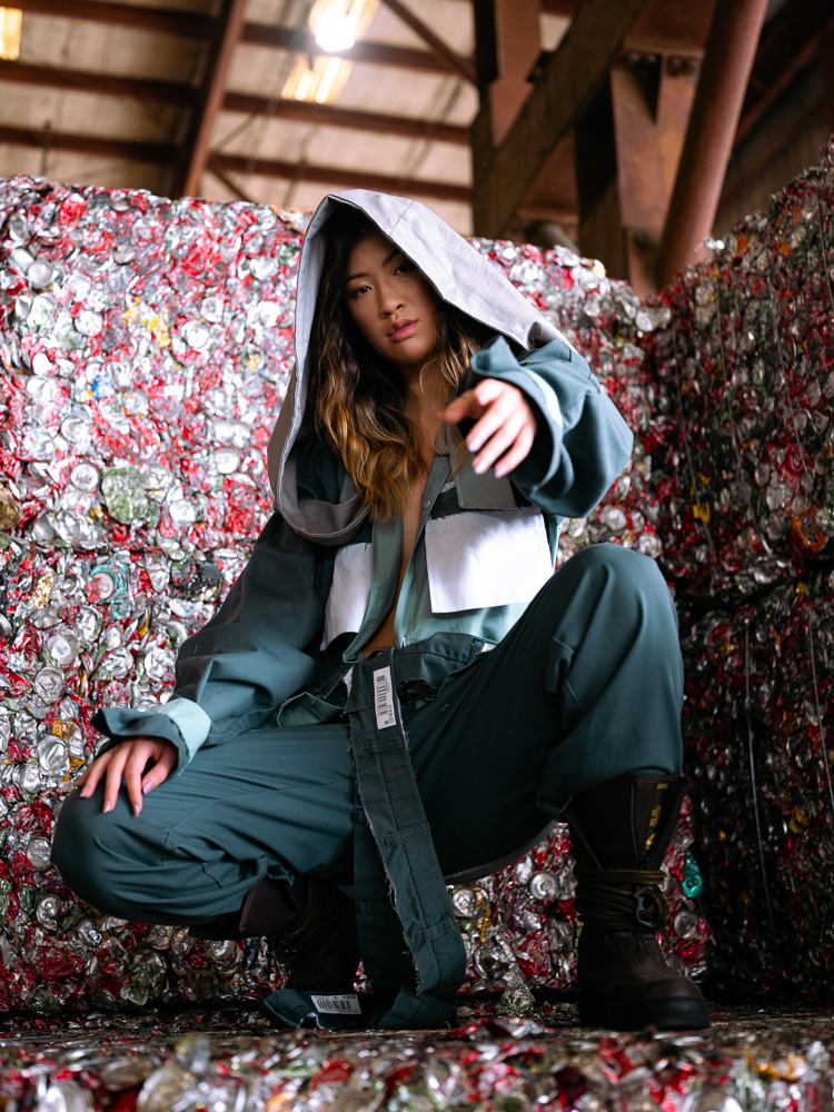 A model poses with upcycled fashion.
