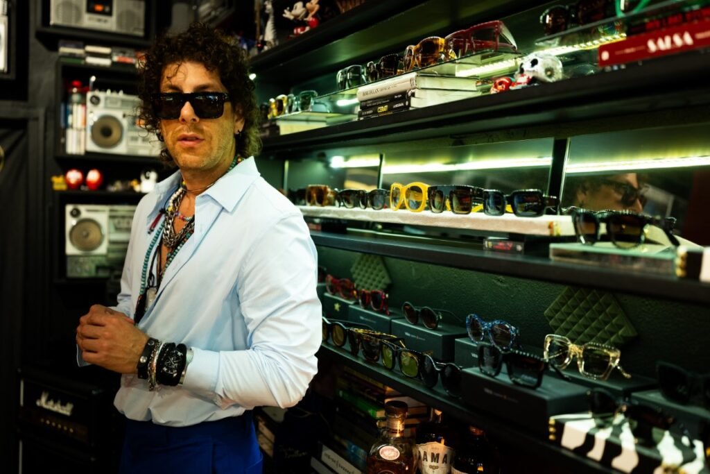 Cao Wilde stands in front of his unique creations at his Wilde Sunglasses flagship store in Madrid