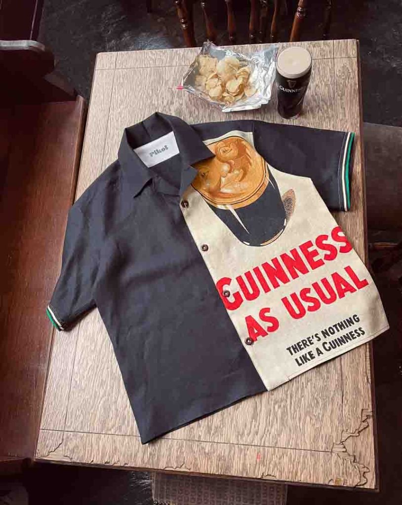 A 1960s linen Guinness tea towel reimagined as a contemporary shirt by Pikol.