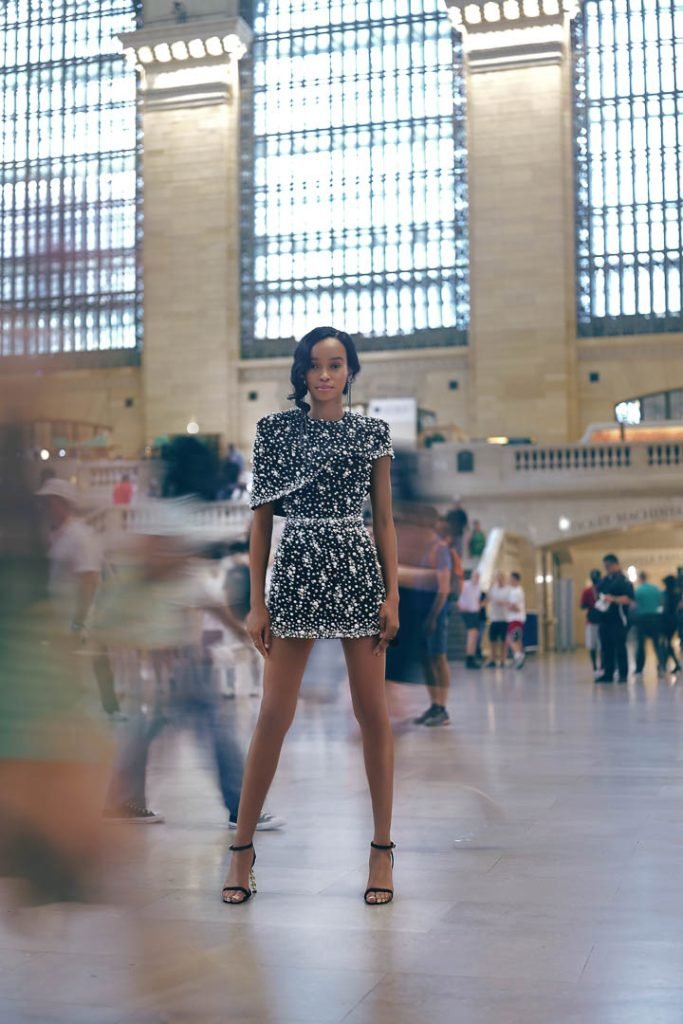 Mr Crazy & Lady Sexy Snowfall Night Dress; Erickson Beamon Asymmetrical Earrings; Kat Maconie Black Esida Sandals; Feather and Pavé Diamond Rings.