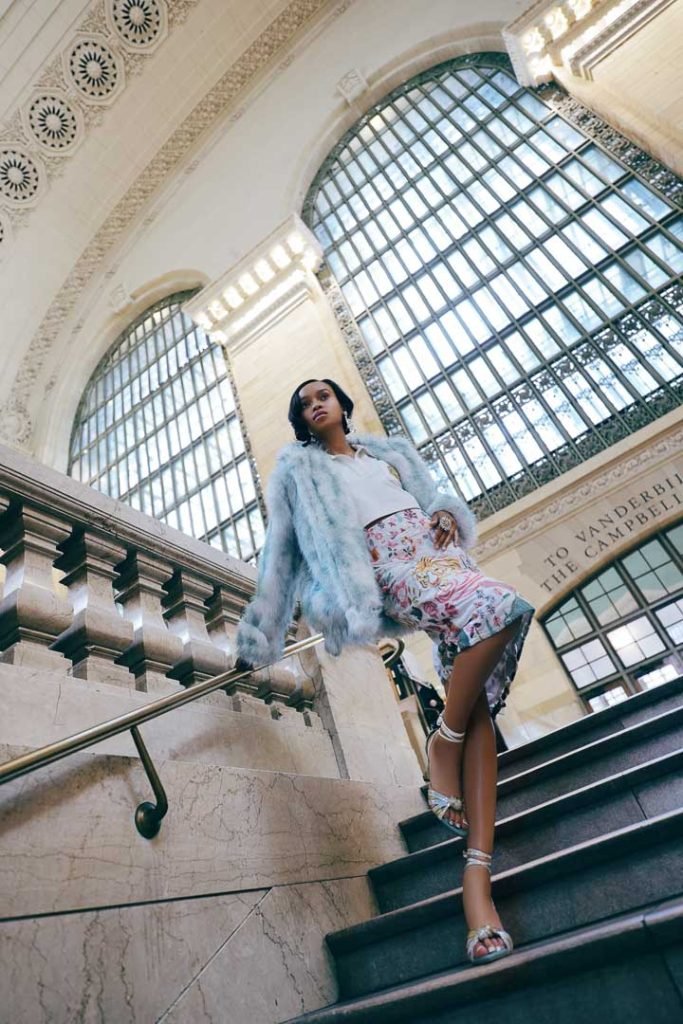 DADESHQELIANI White Hand-embellished Top; holiCHIC Embroidered Skirt; Mr Crazy & Lady Sexy Frosty Jacket; Erickson Beamon Earrings; Brooch and Ring; Agatha Designs Mint Green Valencia Sandals.