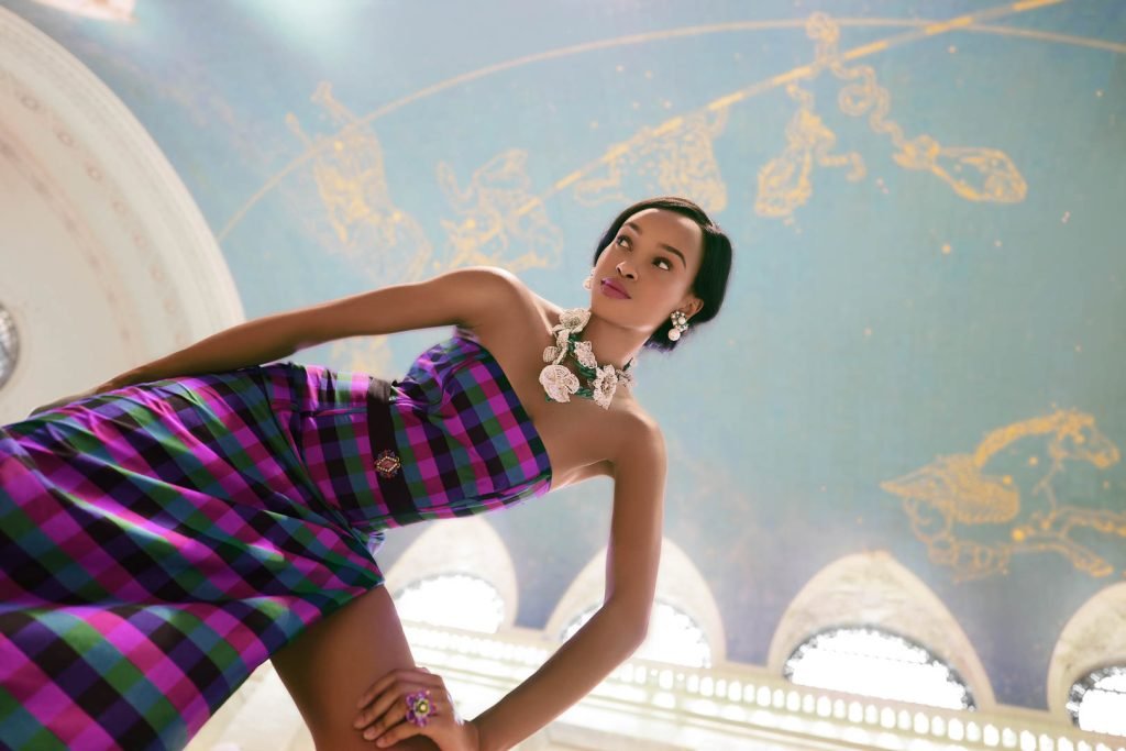 LLOBYCATS by STACYBOLL Plaid Dress; Erickson Beamon Floral Necklace, Earrings, Ring and Belt; Francesca Bellavita Pink Sandals.