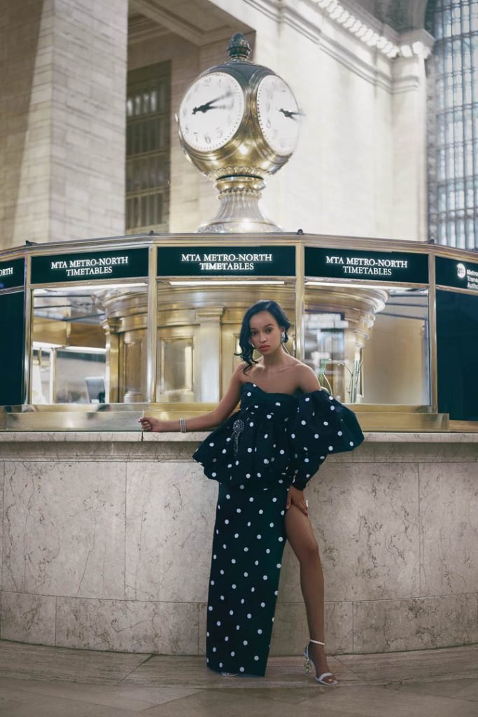 Marc Jacobs Spots Bubble Peplum Dress; Kat Maconie White Esida Sandals; Erickson Beamon Earrings and Brooch; Crystal Bracelet and Floral Ring.