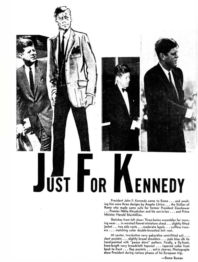 Suits made for president J.F. Kennedy featured on Daily News Record, Jul 1963